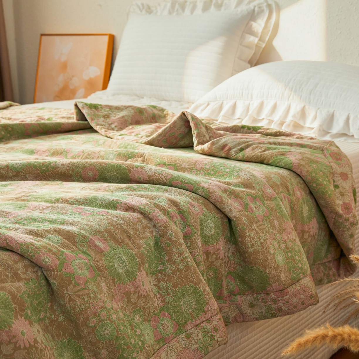 91家纺网 家纺一手货源 找家纺 睡棉坊 2026新款全棉色织提花双层纱夏被全棉夏凉被里外全棉天然棉花被 山野来信-蜜粉绿