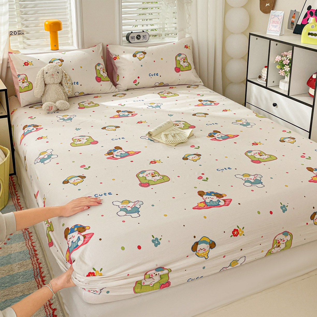 纽缦家纺 2026新款A类105g四件套古法水洗棉单床笠单品床笠床笠单件 心愿狗