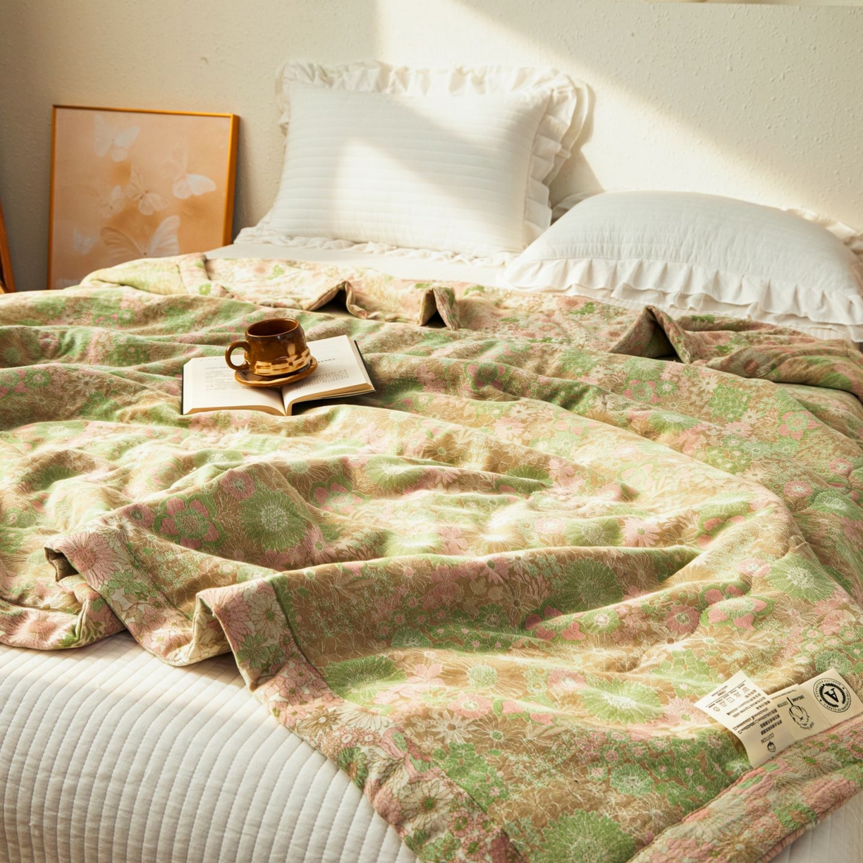 91家纺网 家纺一手货源 找家纺 睡棉坊 2026新款全棉色织提花双层纱夏被全棉夏凉被里外全棉天然棉花被 山野来信-蜜粉绿