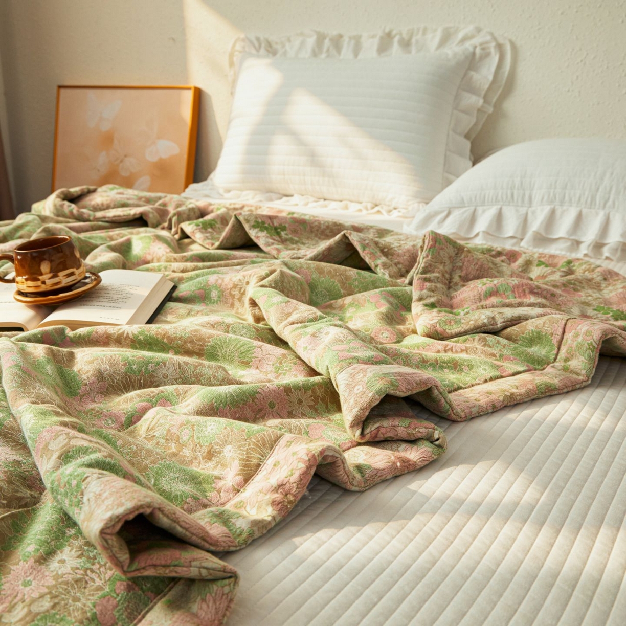 91家纺网 家纺一手货源 找家纺 睡棉坊 2026新款全棉色织提花双层纱夏被全棉夏凉被里外全棉天然棉花被 山野来信-蜜粉绿