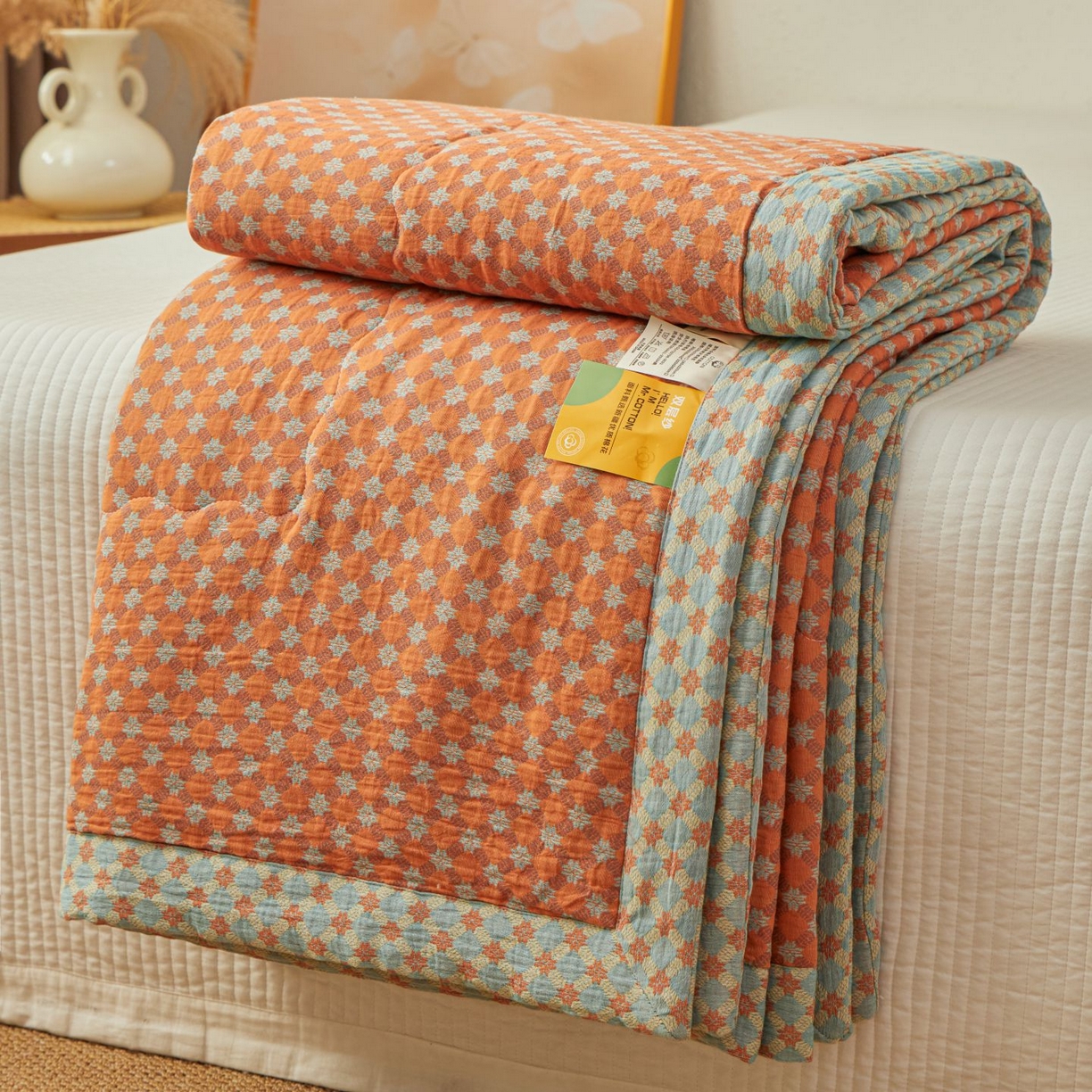 睡棉坊 2026新款全棉色织提花双层纱夏被全棉夏凉被里外全棉天然棉花被 舞青春-桔