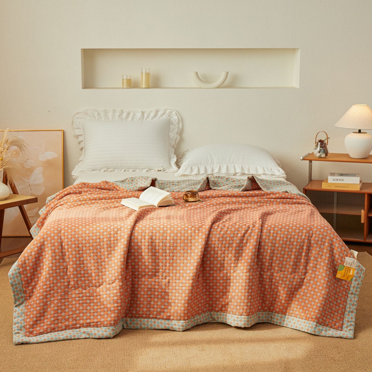 91家纺网 家纺一手货源 找家纺 睡棉坊 2026新款全棉色织提花双层纱夏被全棉夏凉被里外全棉天然棉花被 舞青春-桔