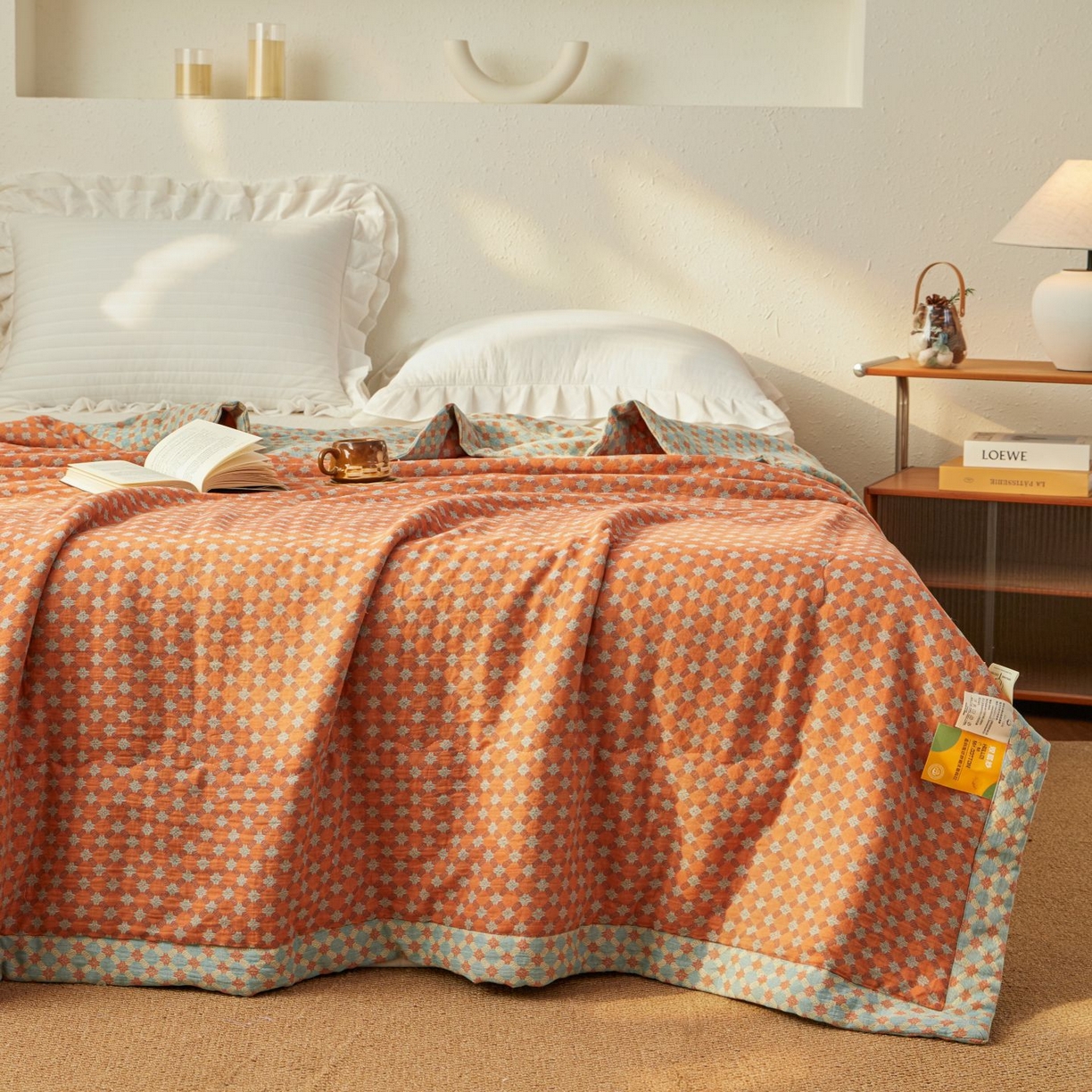 91家纺网 家纺一手货源 找家纺 睡棉坊 2026新款全棉色织提花双层纱夏被全棉夏凉被里外全棉天然棉花被 舞青春-桔