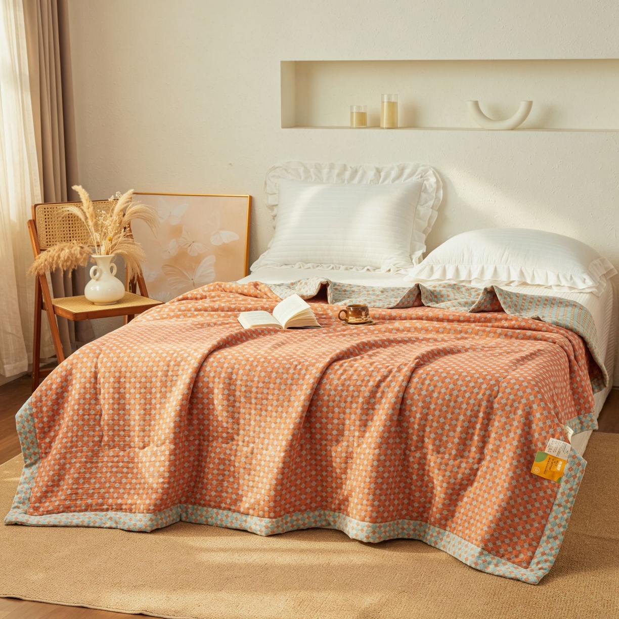 91家纺网 家纺一手货源 找家纺 睡棉坊 2026新款全棉色织提花双层纱夏被全棉夏凉被里外全棉天然棉花被 舞青春-桔