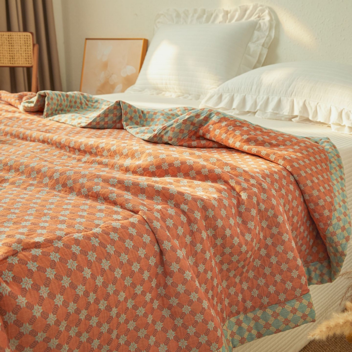 91家纺网 家纺一手货源 找家纺 睡棉坊 2026新款全棉色织提花双层纱夏被全棉夏凉被里外全棉天然棉花被 舞青春-桔