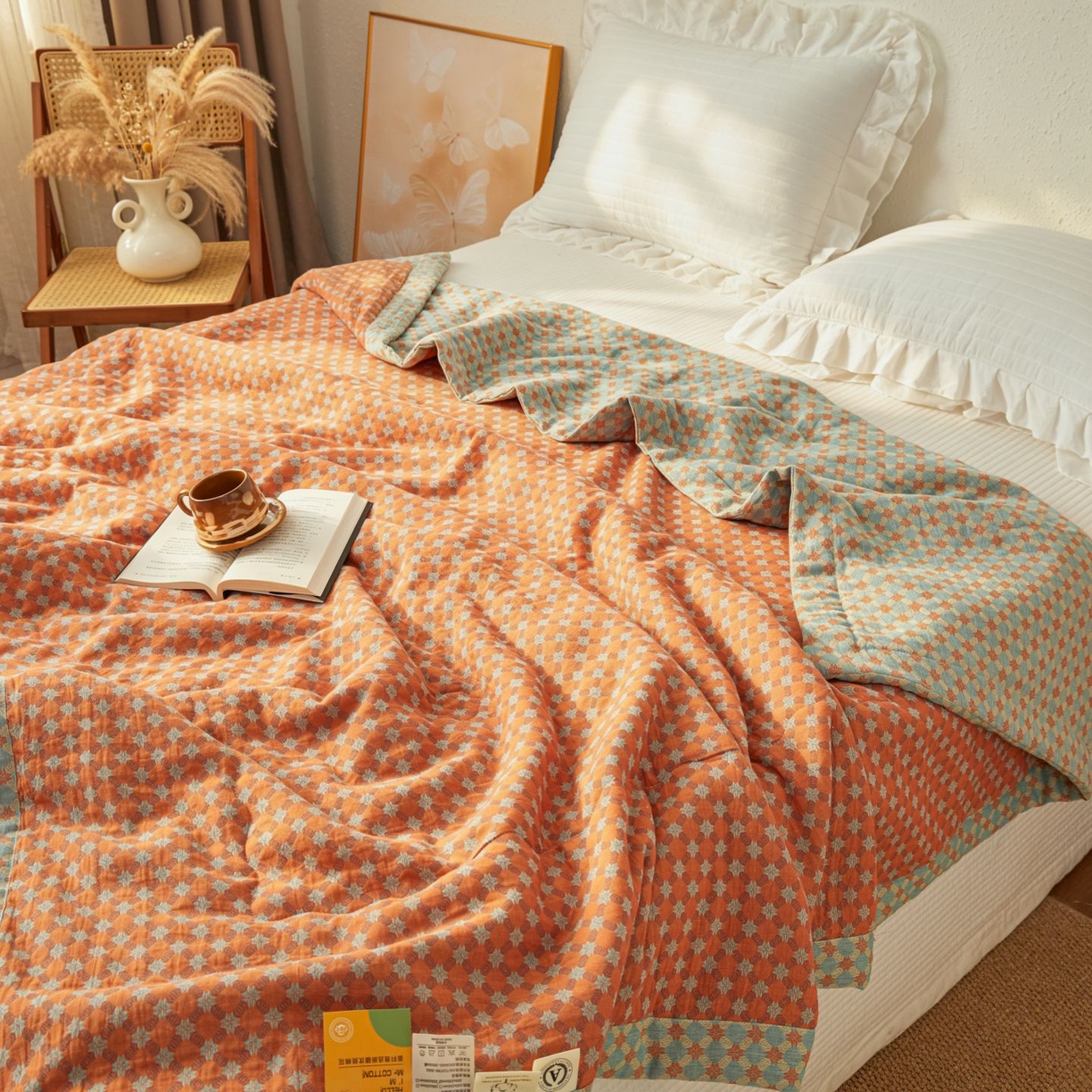 91家纺网 家纺一手货源 找家纺 睡棉坊 2026新款全棉色织提花双层纱夏被全棉夏凉被里外全棉天然棉花被 舞青春-桔
