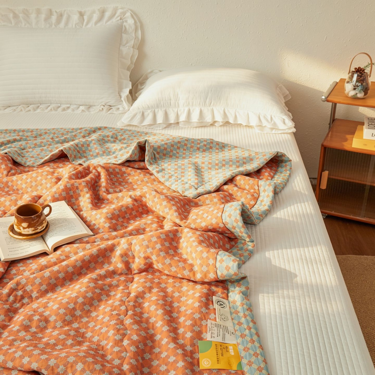 91家纺网 家纺一手货源 找家纺 睡棉坊 2026新款全棉色织提花双层纱夏被全棉夏凉被里外全棉天然棉花被 舞青春-桔