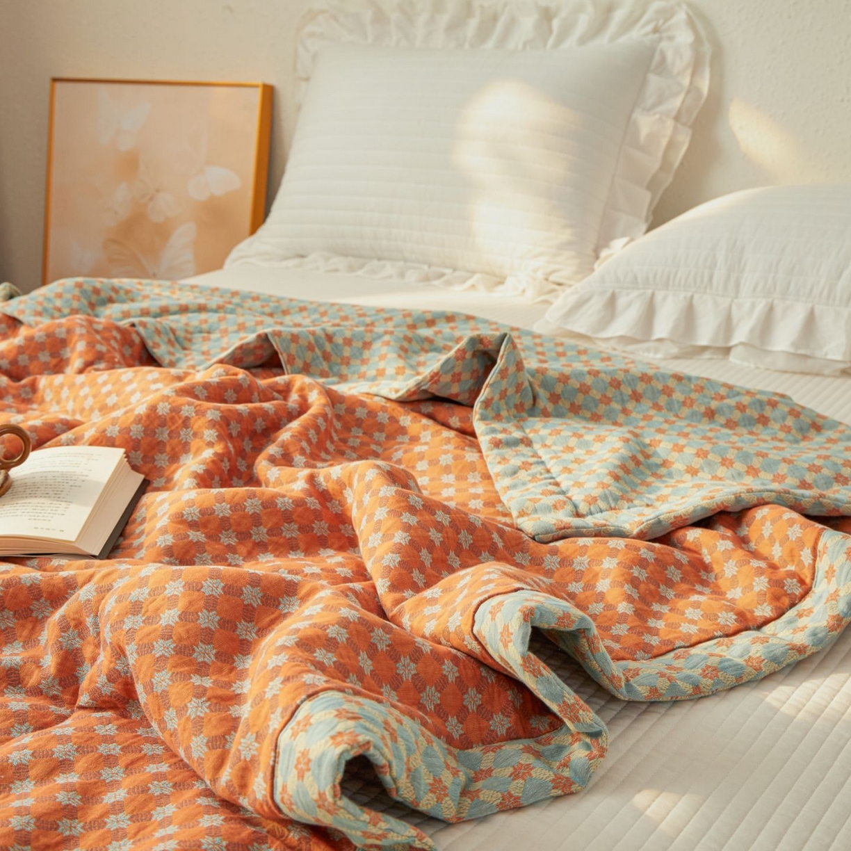 91家纺网 家纺一手货源 找家纺 睡棉坊 2026新款全棉色织提花双层纱夏被全棉夏凉被里外全棉天然棉花被 舞青春-桔