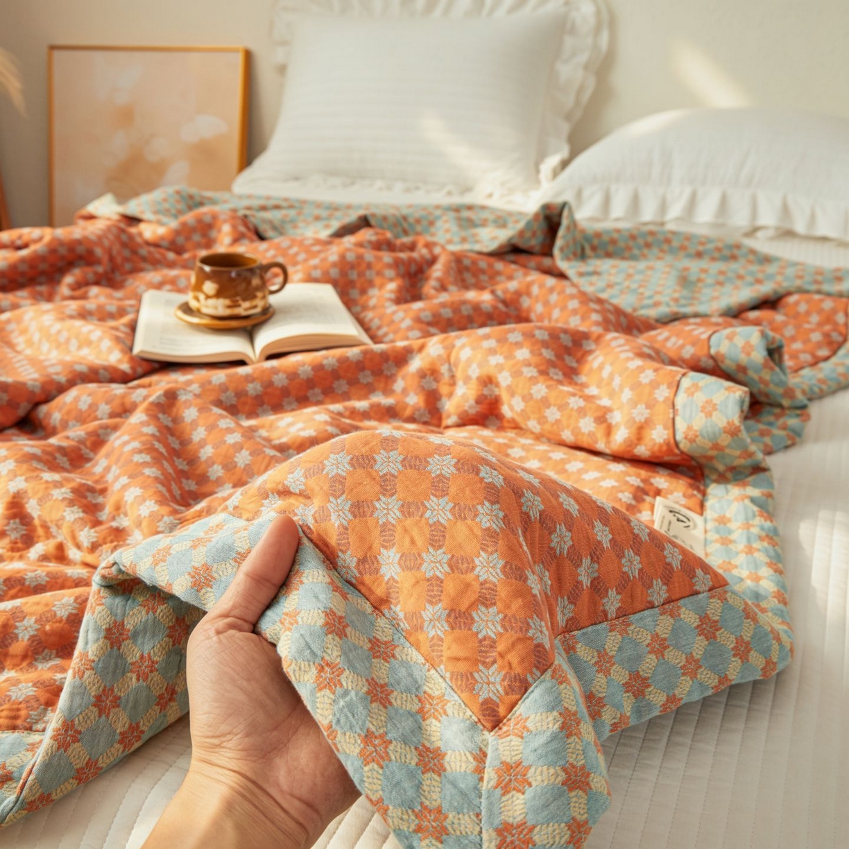 91家纺网 家纺一手货源 找家纺 睡棉坊 2026新款全棉色织提花双层纱夏被全棉夏凉被里外全棉天然棉花被 舞青春-桔