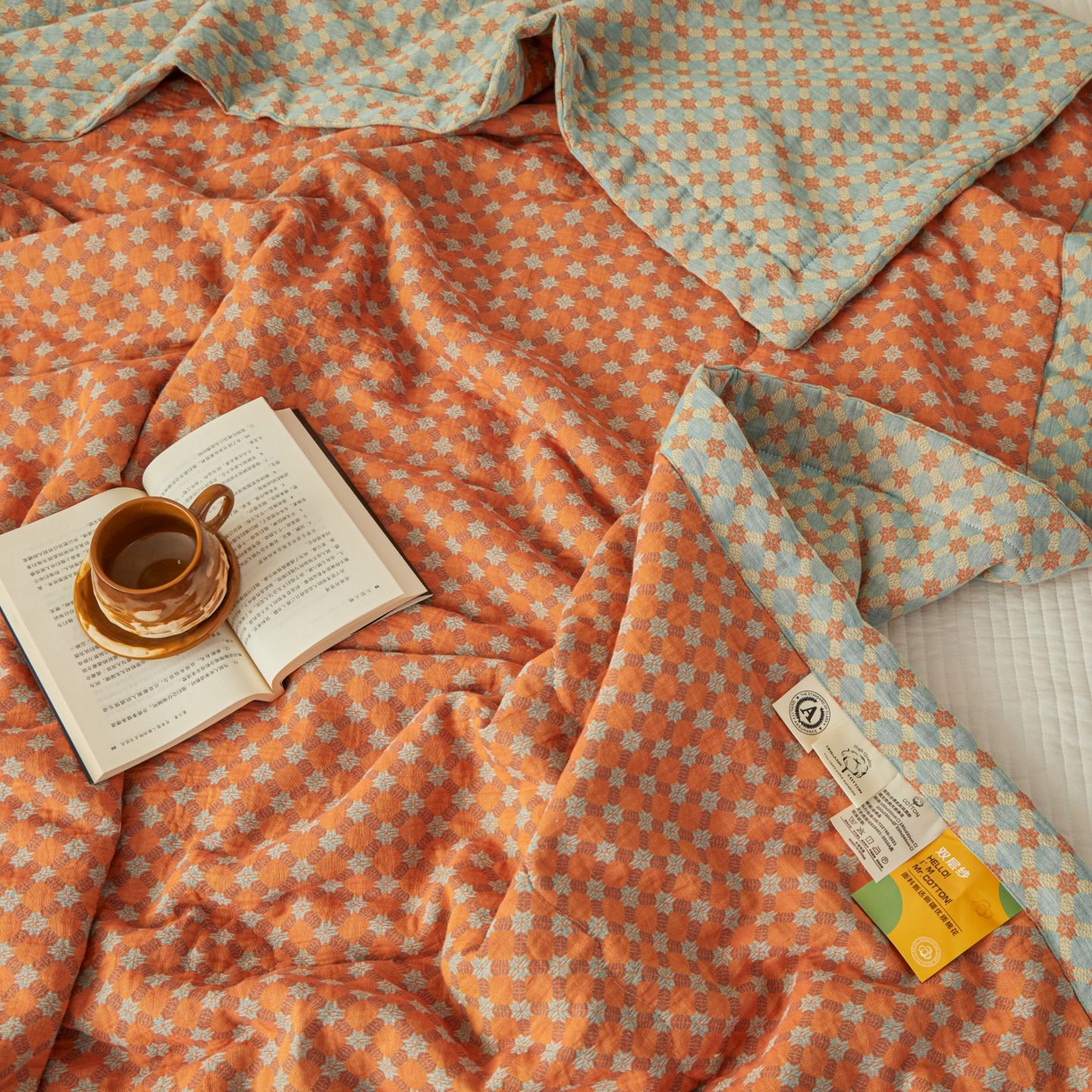 91家纺网 家纺一手货源 找家纺 睡棉坊 2026新款全棉色织提花双层纱夏被全棉夏凉被里外全棉天然棉花被 舞青春-桔