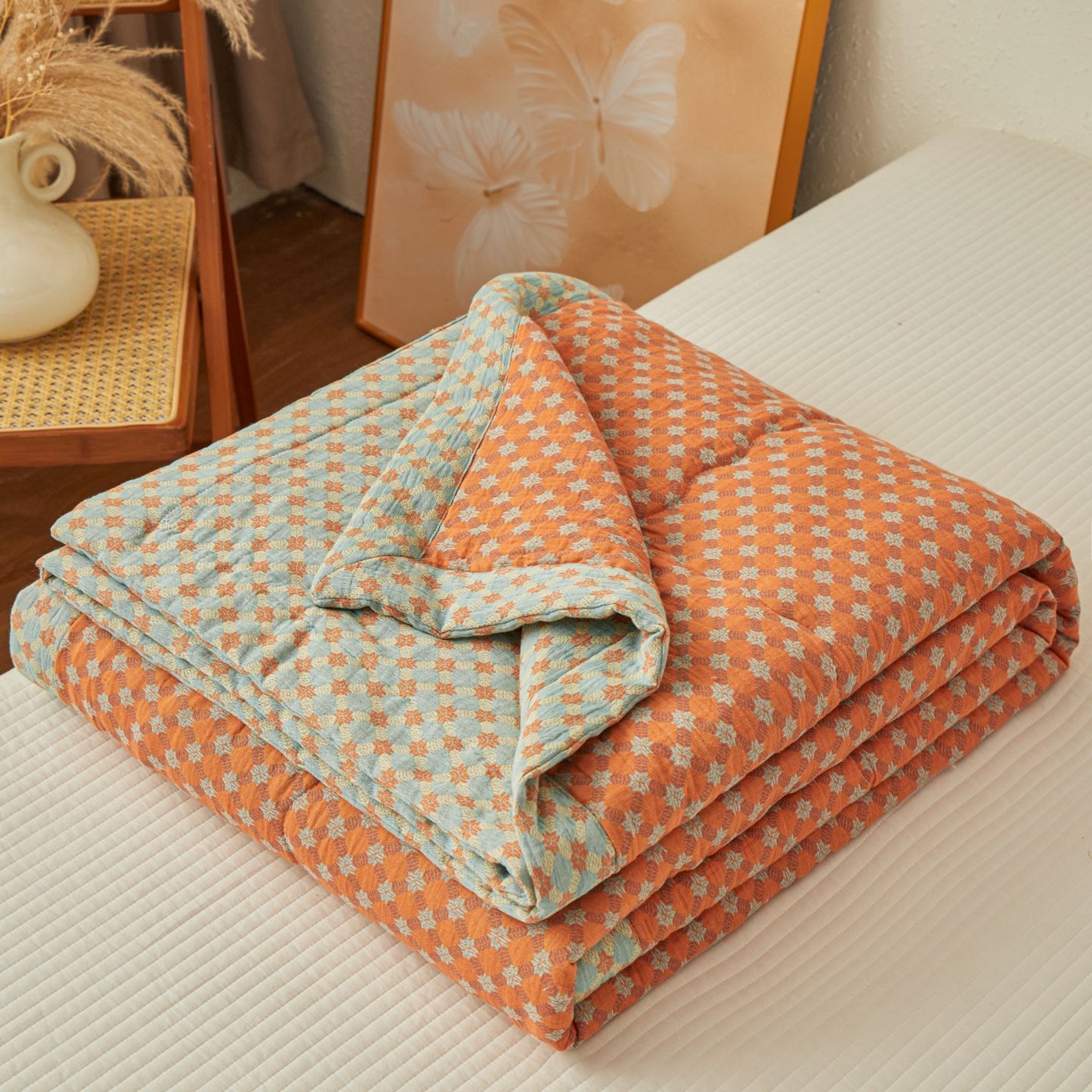 91家纺网 家纺一手货源 找家纺 睡棉坊 2026新款全棉色织提花双层纱夏被全棉夏凉被里外全棉天然棉花被 舞青春-桔