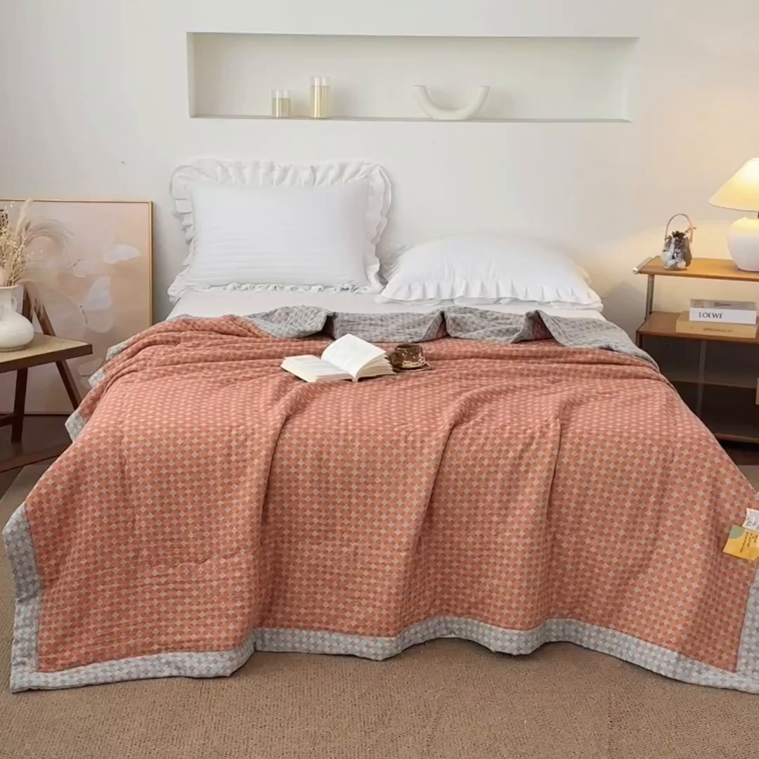 91家纺网 家纺一手货源 找家纺 睡棉坊 2026新款全棉色织提花双层纱夏被全棉夏凉被里外全棉天然棉花被 舞青春-桔