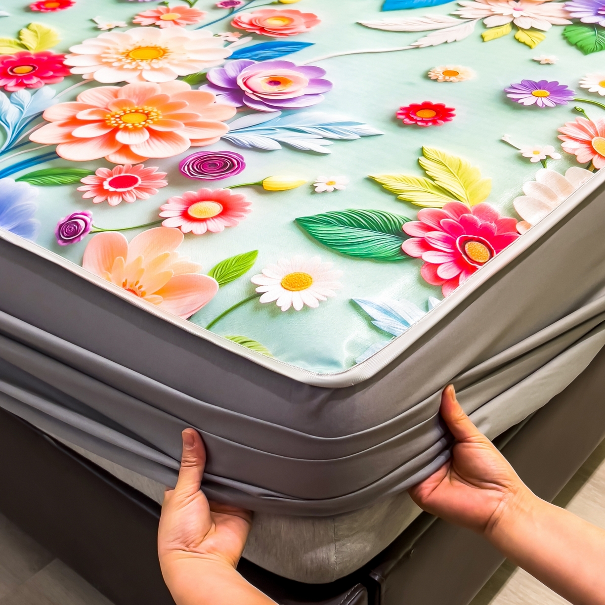 91家纺网 家纺一手货源 找家纺 柏薇 2026新款数码印花超级凉感席床笠款 春生物