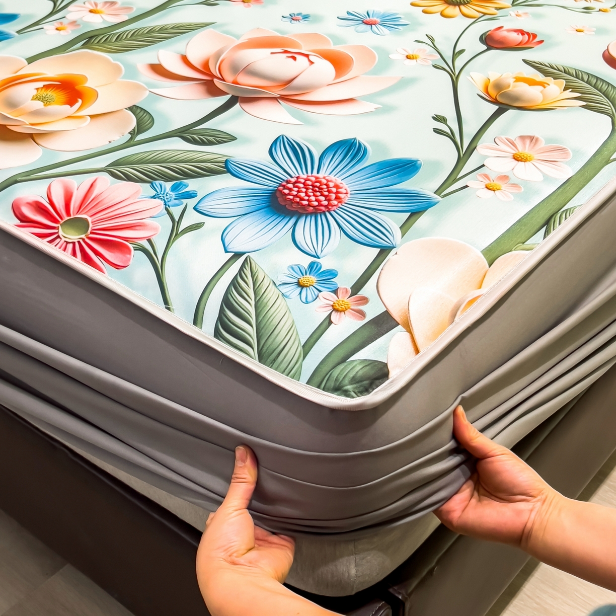 91家纺网 家纺一手货源 找家纺 柏薇 2026新款数码印花超级凉感席床笠款 芸白