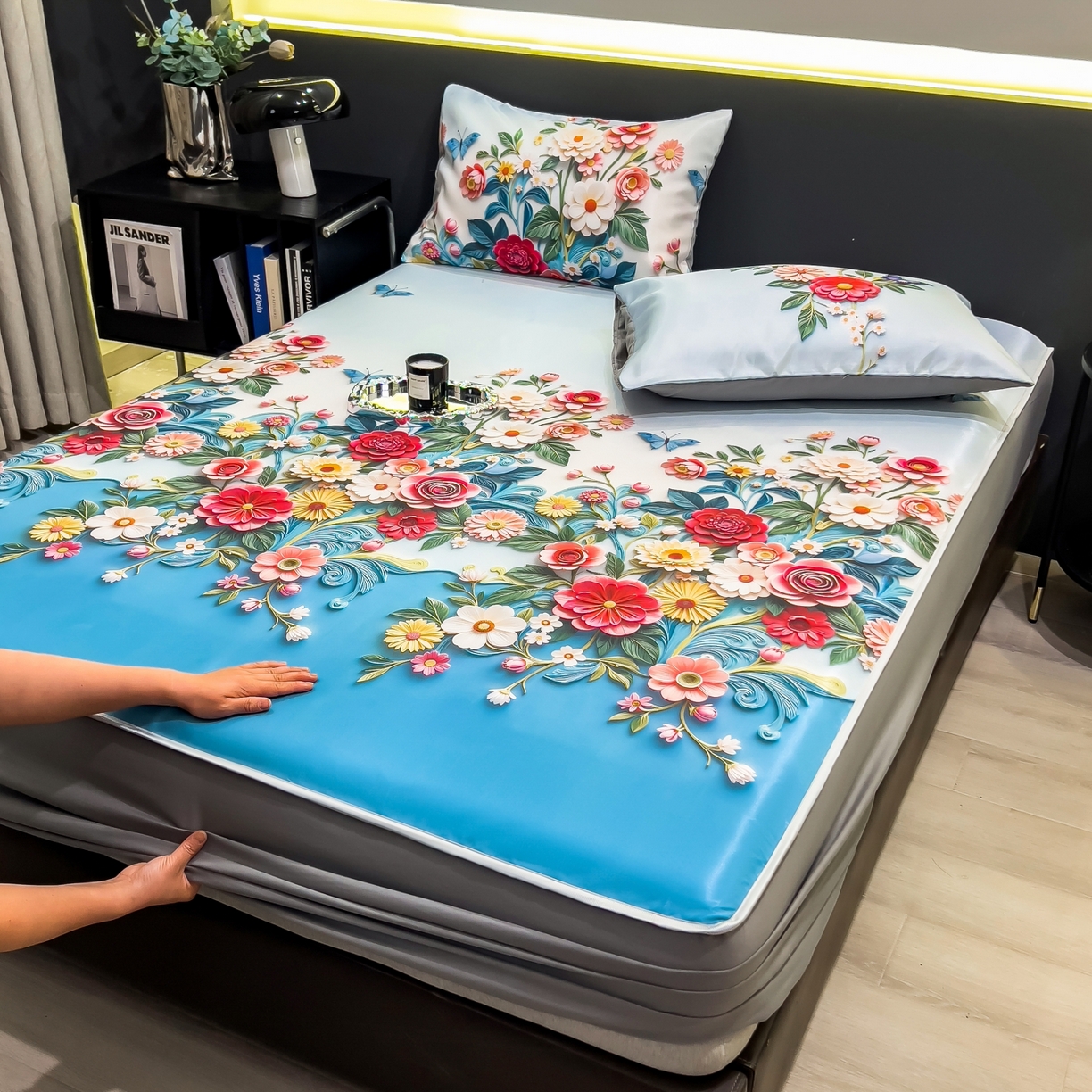 91家纺网 家纺一手货源 找家纺 柏薇 2026新款数码印花超级凉感席床笠款 晚棠