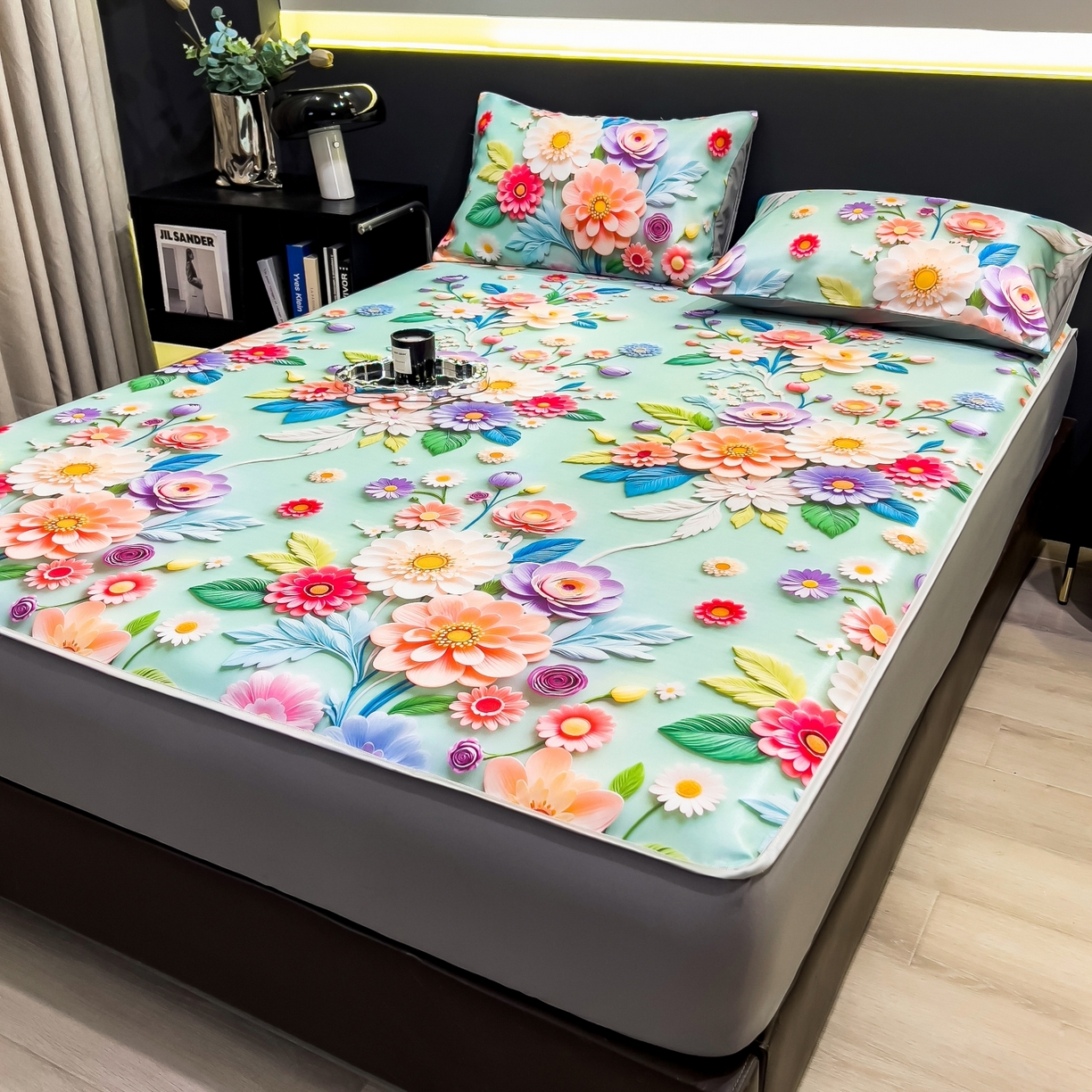 91家纺网 家纺一手货源 找家纺 柏薇 2026新款数码印花超级凉感席床笠款 春生物