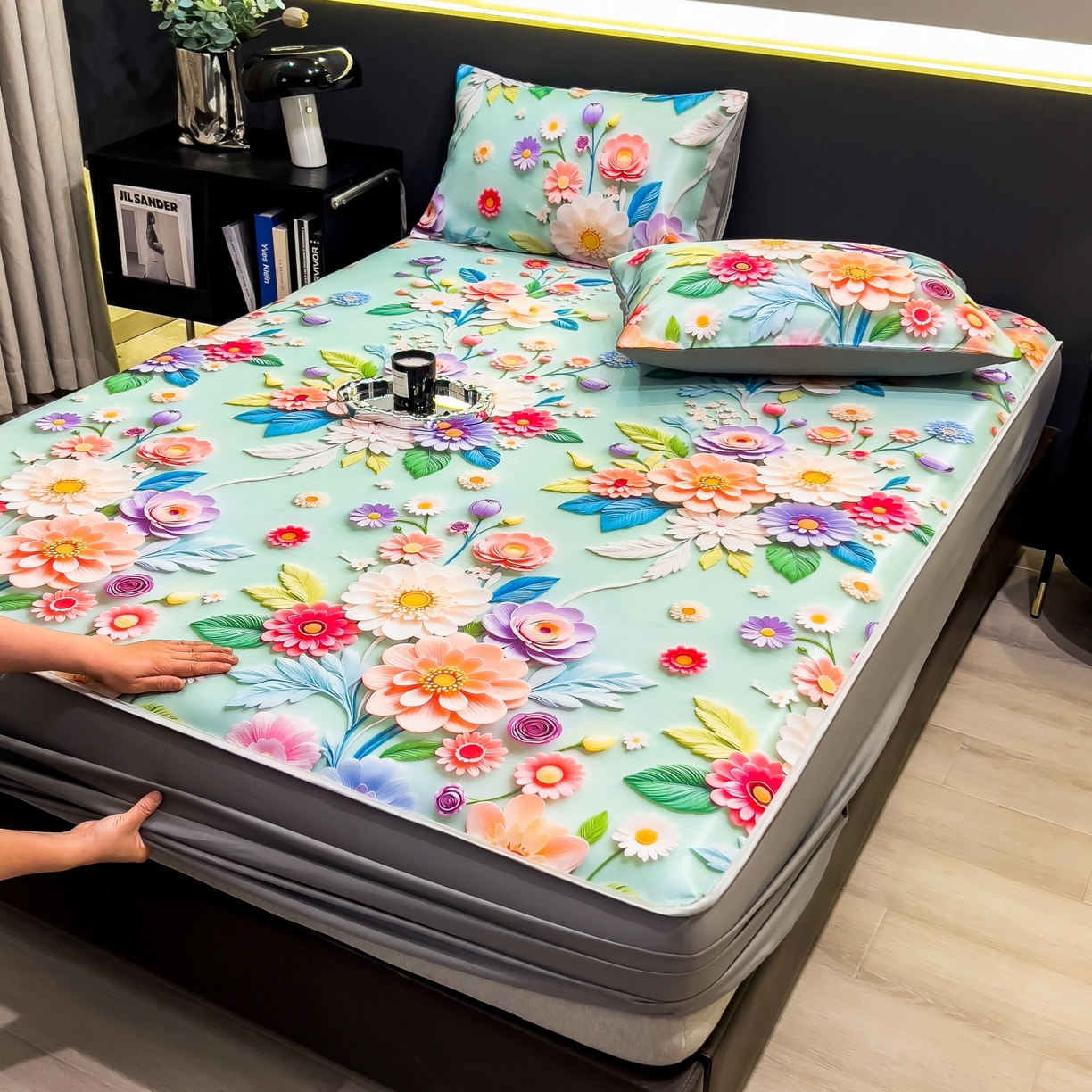 91家纺网 家纺一手货源 找家纺 柏薇 2026新款数码印花超级凉感席床笠款 春生物