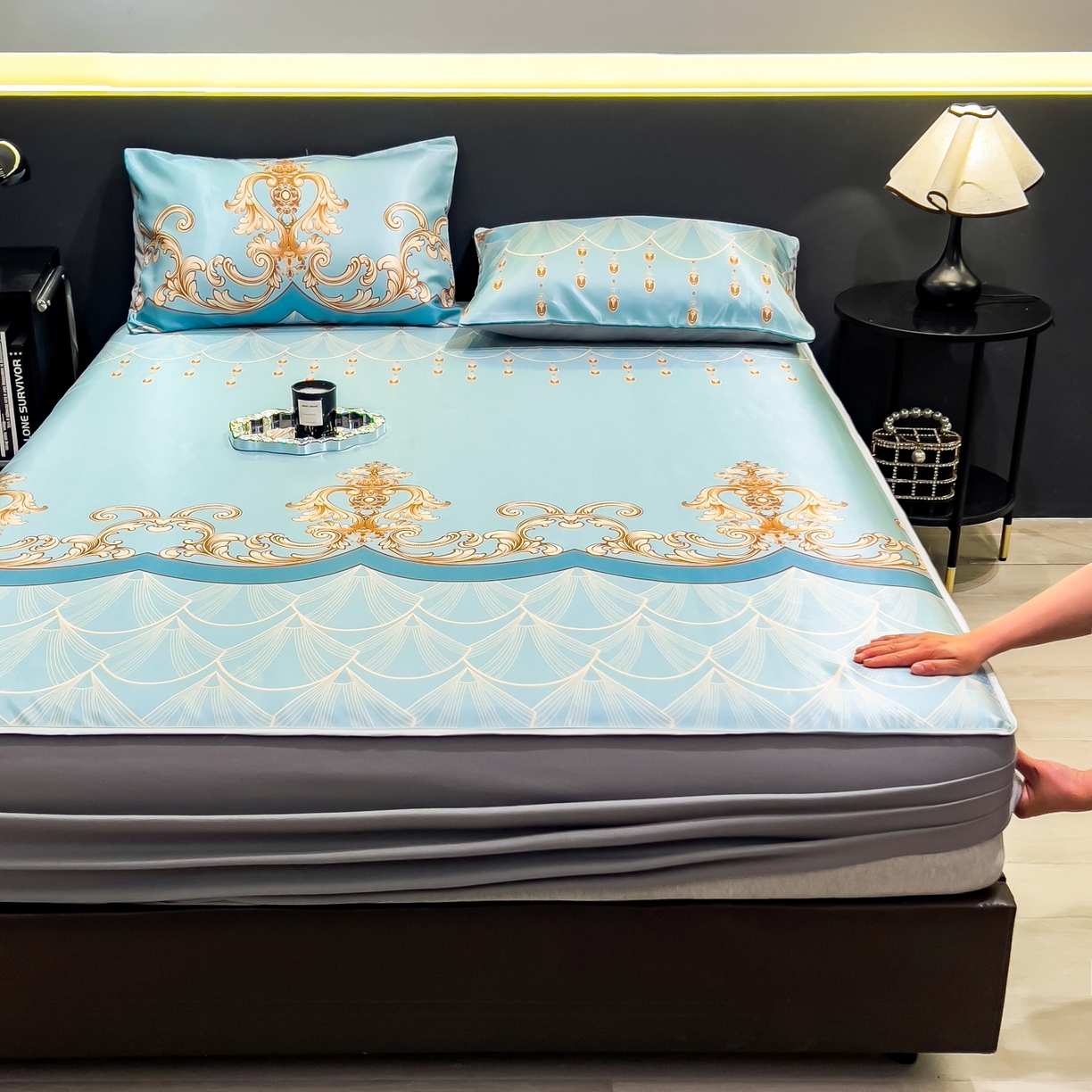 91家纺网 家纺一手货源 找家纺 柏薇 2026新款数码印花超级凉感席床笠款 牧夏