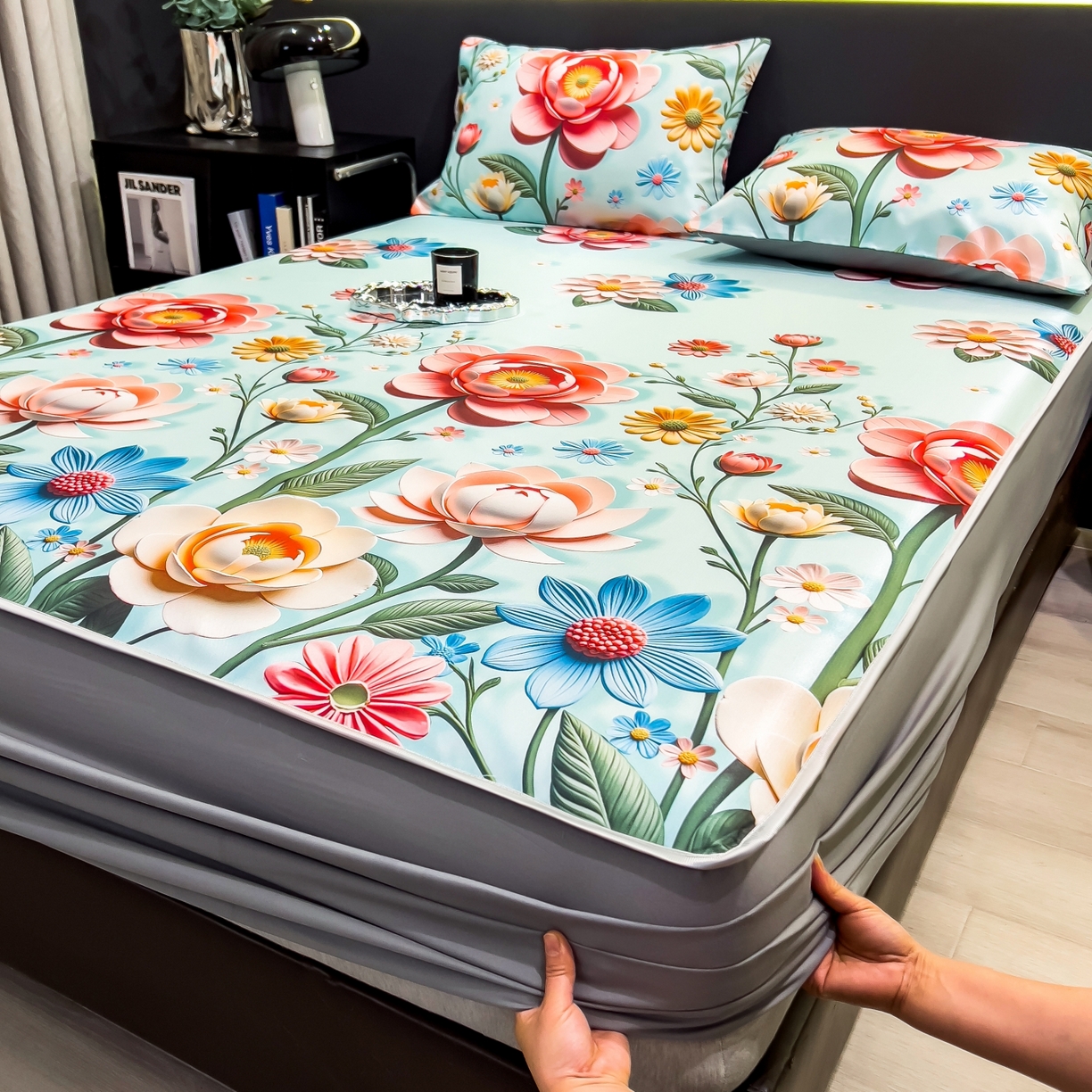 91家纺网 家纺一手货源 找家纺 柏薇 2026新款数码印花超级凉感席床笠款 芸白