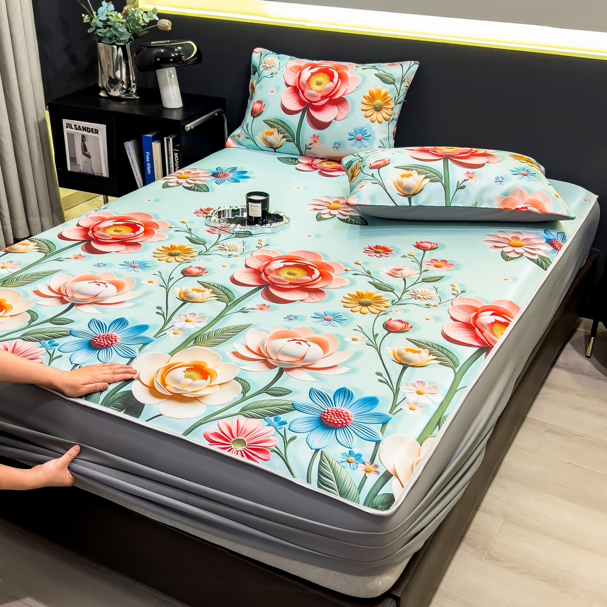 91家纺网 家纺一手货源 找家纺 柏薇 2026新款数码印花超级凉感席床笠款 芸白