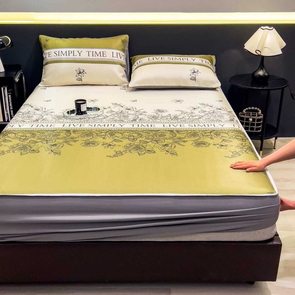 91家纺网 家纺一手货源 找家纺 柏薇 2026新款数码印花超级凉感席床笠款 绿玉薄荷