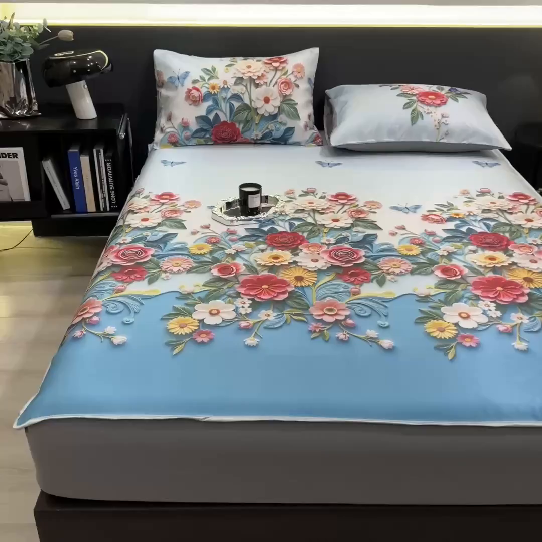 91家纺网 家纺一手货源 找家纺 柏薇 2026新款数码印花超级凉感席床笠款 晚棠