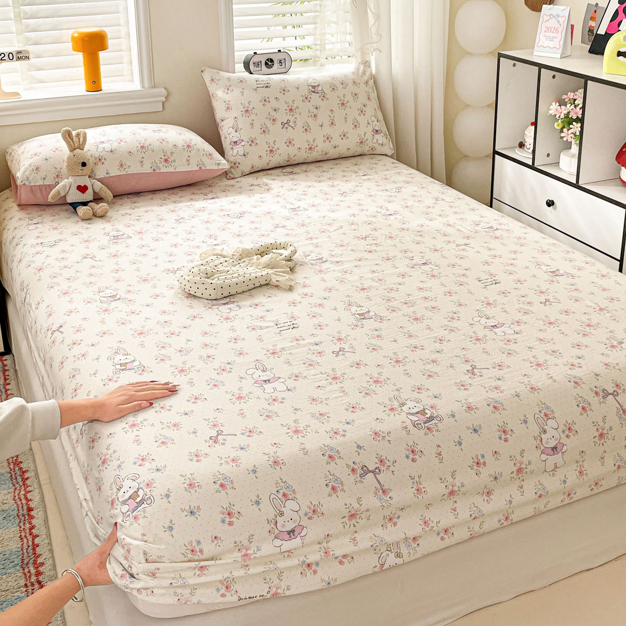 纽缦家纺 2026新款A类105g四件套古法水洗棉单床笠单品床笠床笠单件 美丽小兔