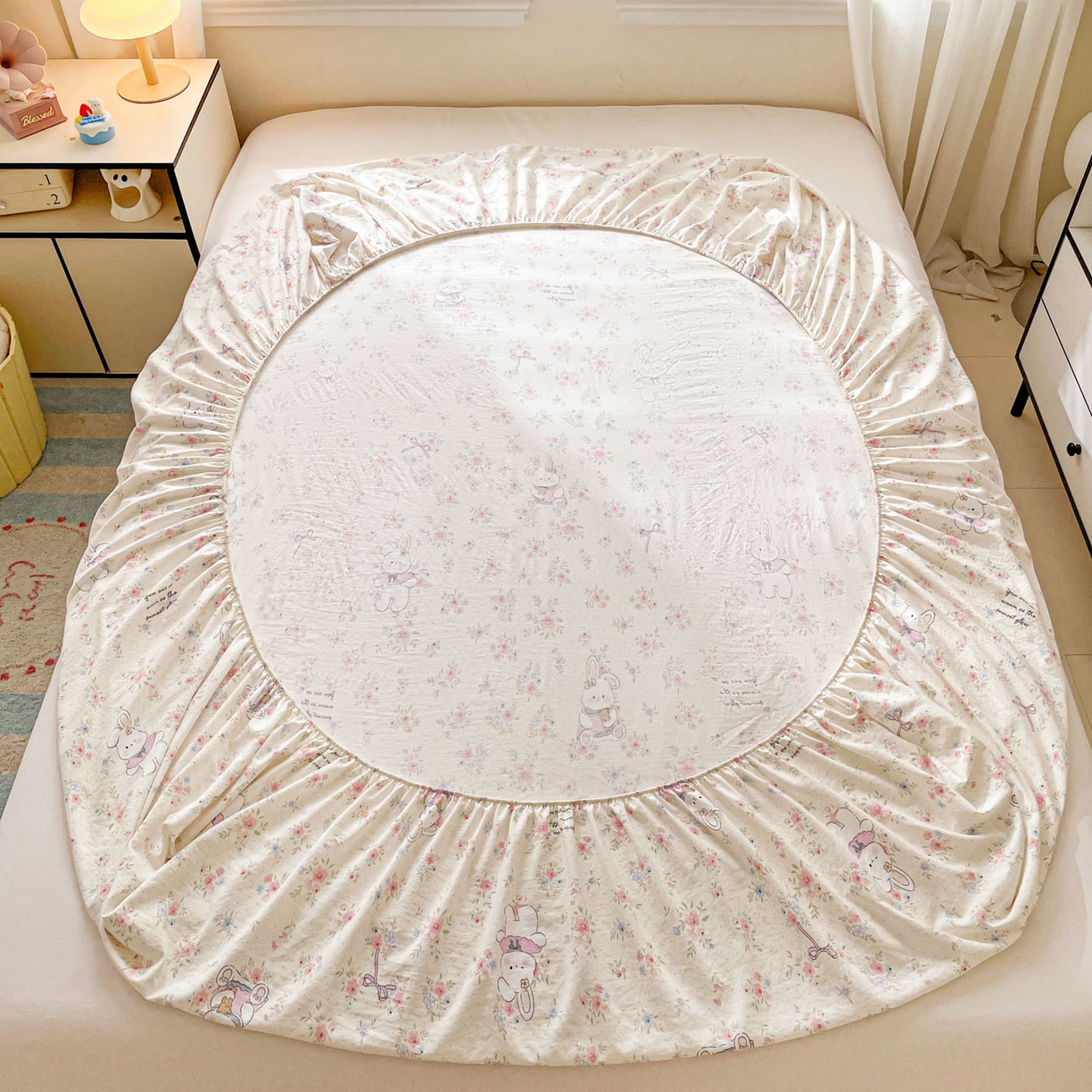 91家纺网 家纺一手货源 找家纺 纽缦家纺 2026新款A类105g四件套古法水洗棉单床笠单品床笠床笠单件 美丽小兔