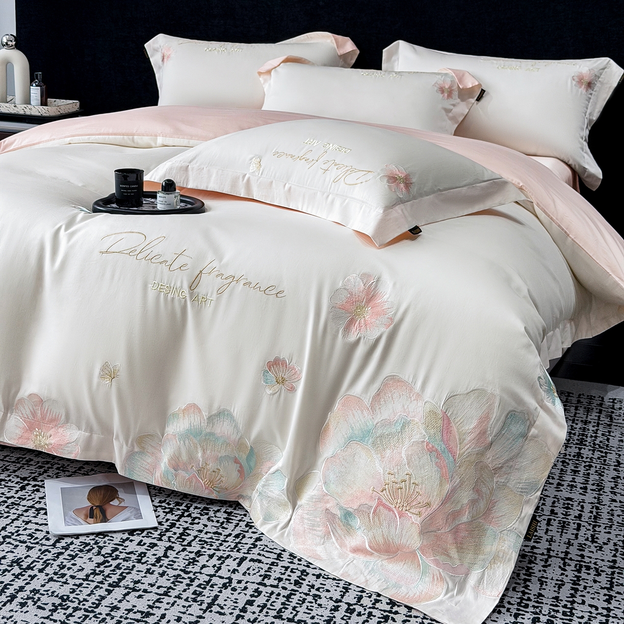 91家纺网 家纺一手货源 找家纺 （总）莱势 2026新品A类50支高密贡缎长绒棉四件套-花枝里系列