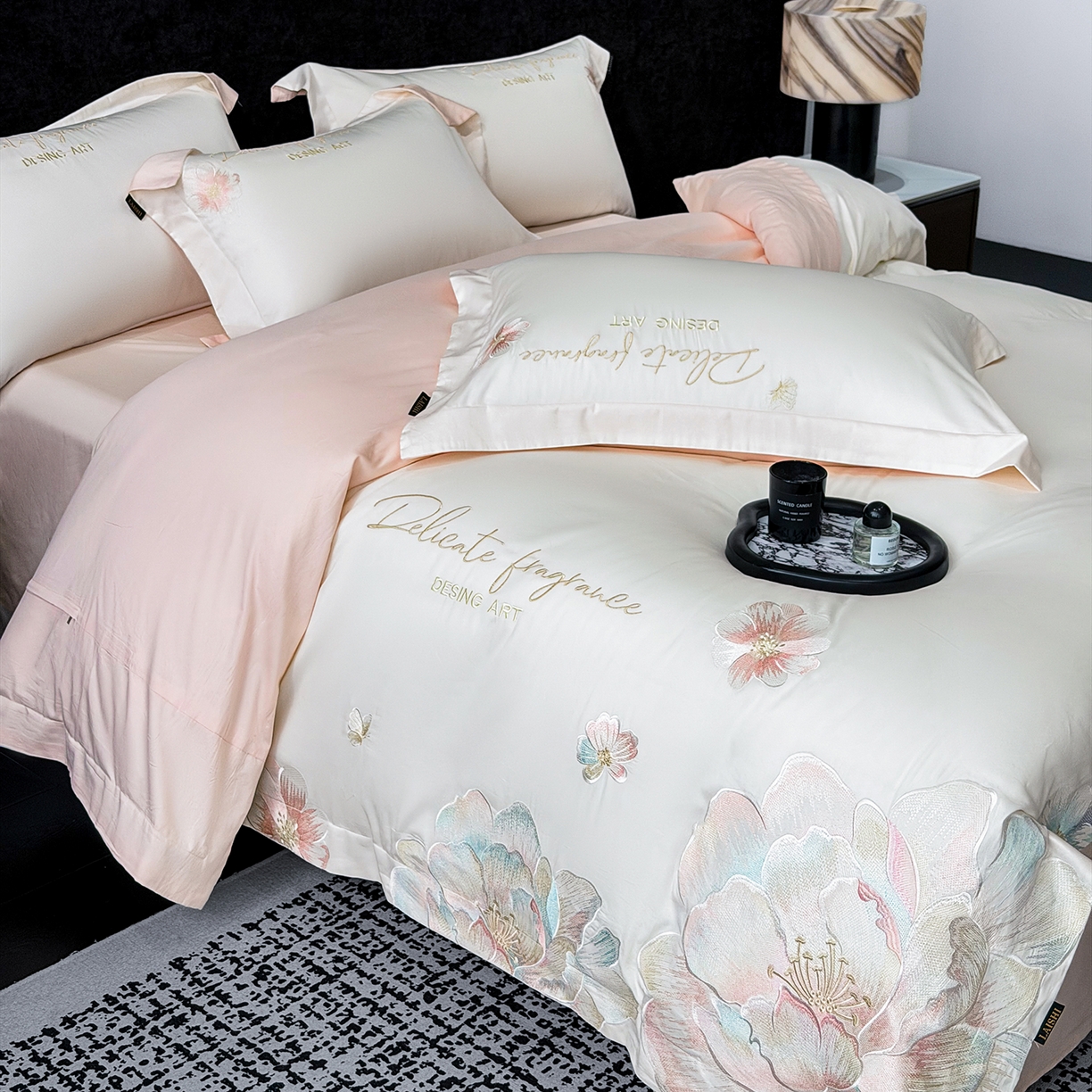 91家纺网 家纺一手货源 找家纺 （总）莱势 2026新品A类50支高密贡缎长绒棉四件套-花枝里系列