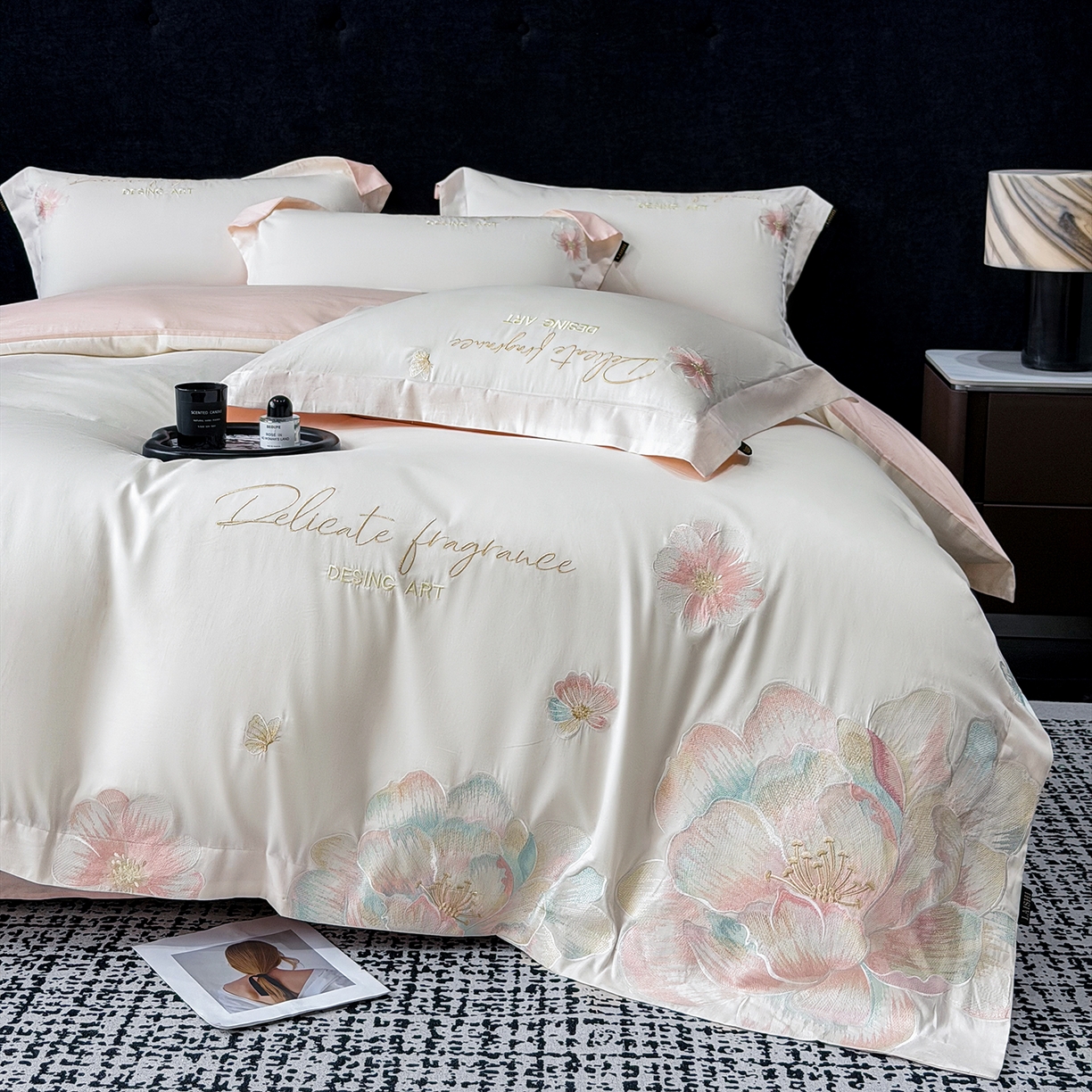 莱势 2026新品A类50支高密贡缎长绒棉四件套-花枝里系列 花枝里-白拼粉