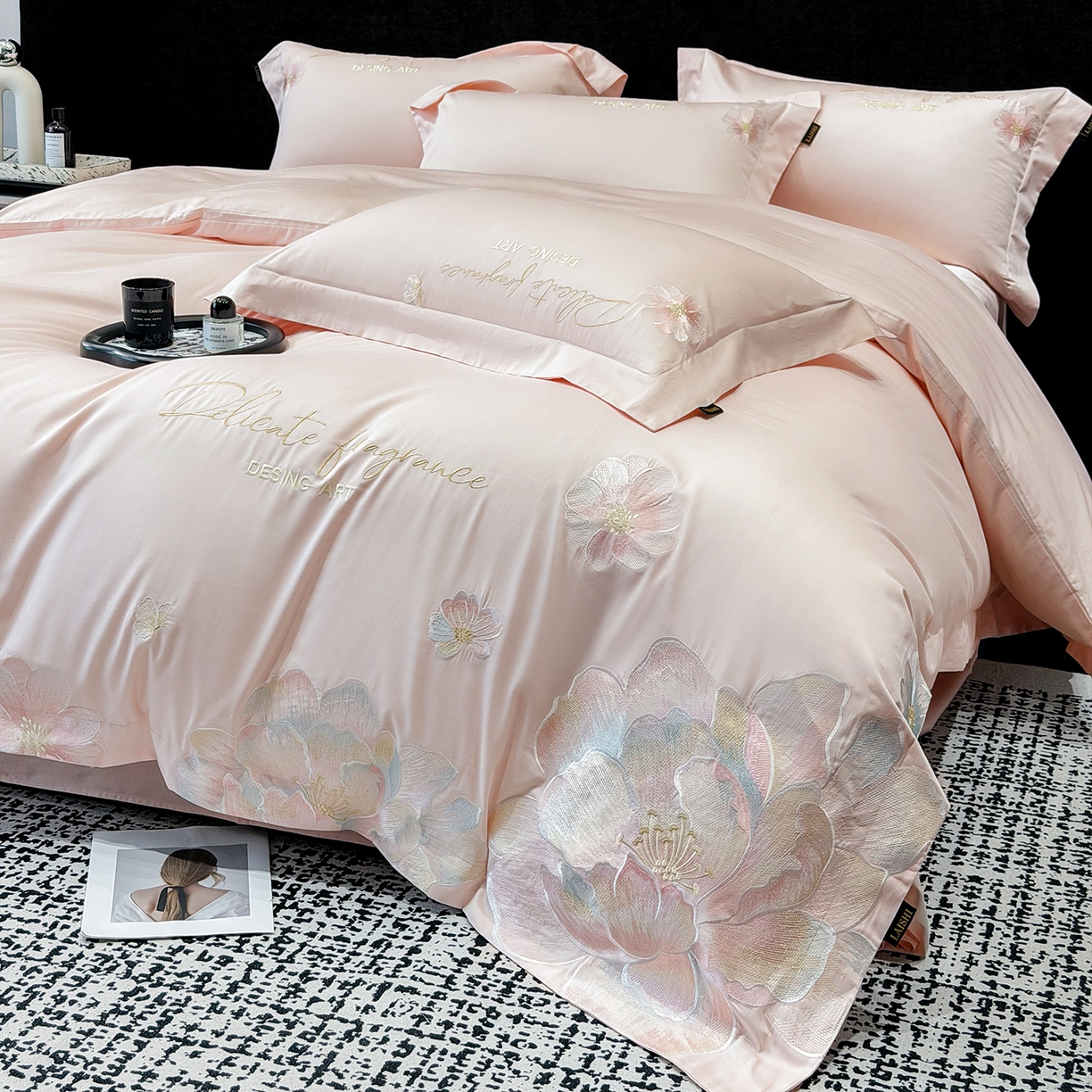 91家纺网 家纺一手货源 找家纺 莱势 2026新品A类50支高密贡缎长绒棉四件套-花枝里系列 花枝里-轻奢粉