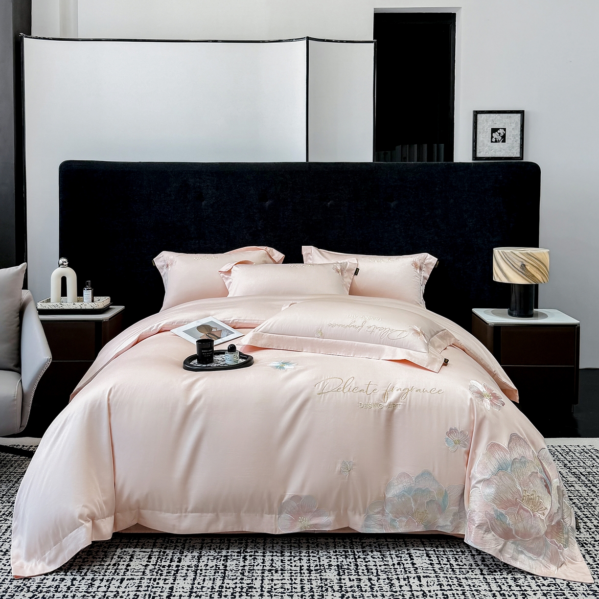 91家纺网 家纺一手货源 找家纺 莱势 2026新品A类50支高密贡缎长绒棉四件套-花枝里系列 花枝里-轻奢粉