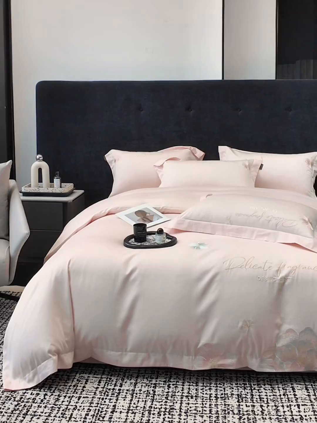 91家纺网 家纺一手货源 找家纺 莱势 2026新品A类50支高密贡缎长绒棉四件套-花枝里系列 花枝里-轻奢粉