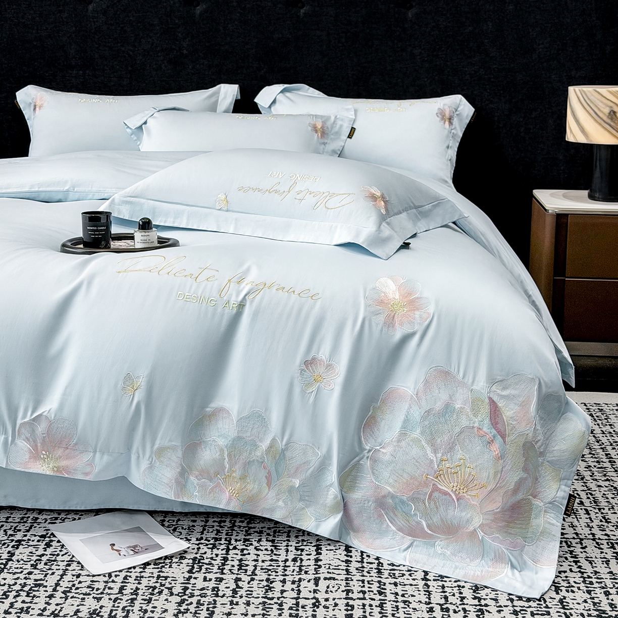 莱势 2026新品A类50支高密贡缎长绒棉四件套-花枝里系列 花枝里-天空蓝