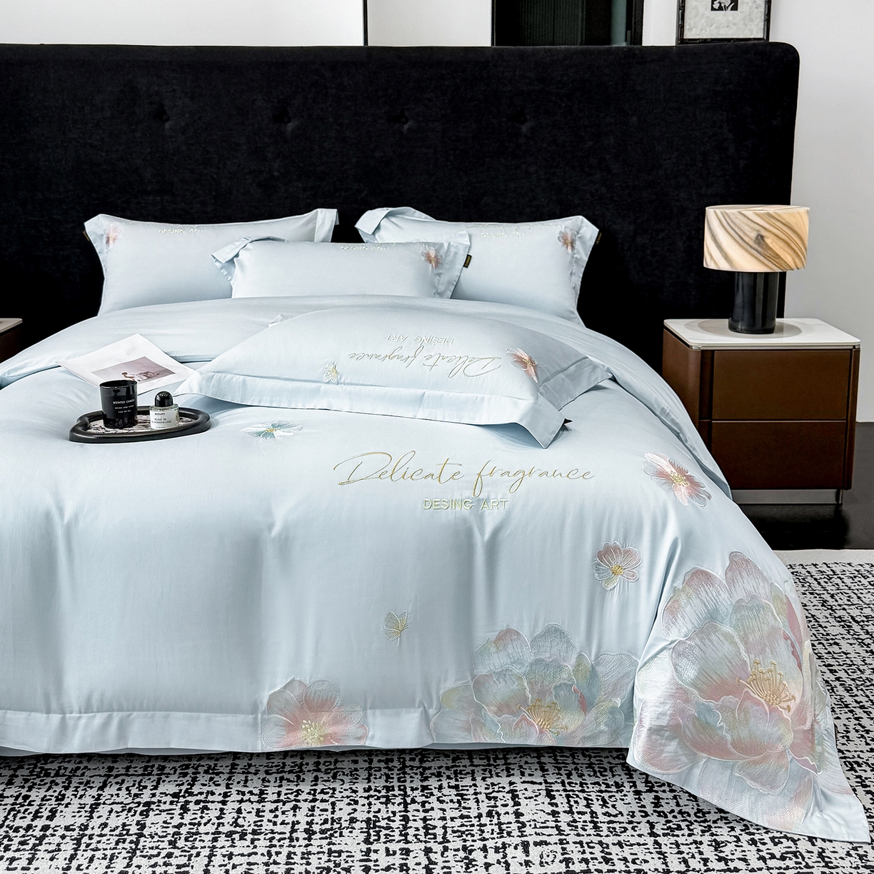 91家纺网 家纺一手货源 找家纺 莱势 2026新品A类50支高密贡缎长绒棉四件套-花枝里系列 花枝里-天空蓝