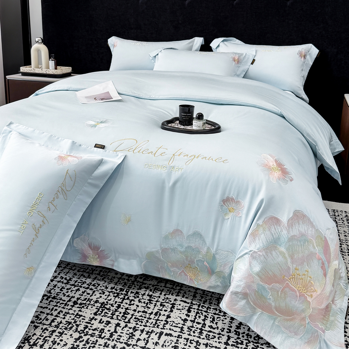 91家纺网 家纺一手货源 找家纺 莱势 2026新品A类50支高密贡缎长绒棉四件套-花枝里系列 花枝里-天空蓝