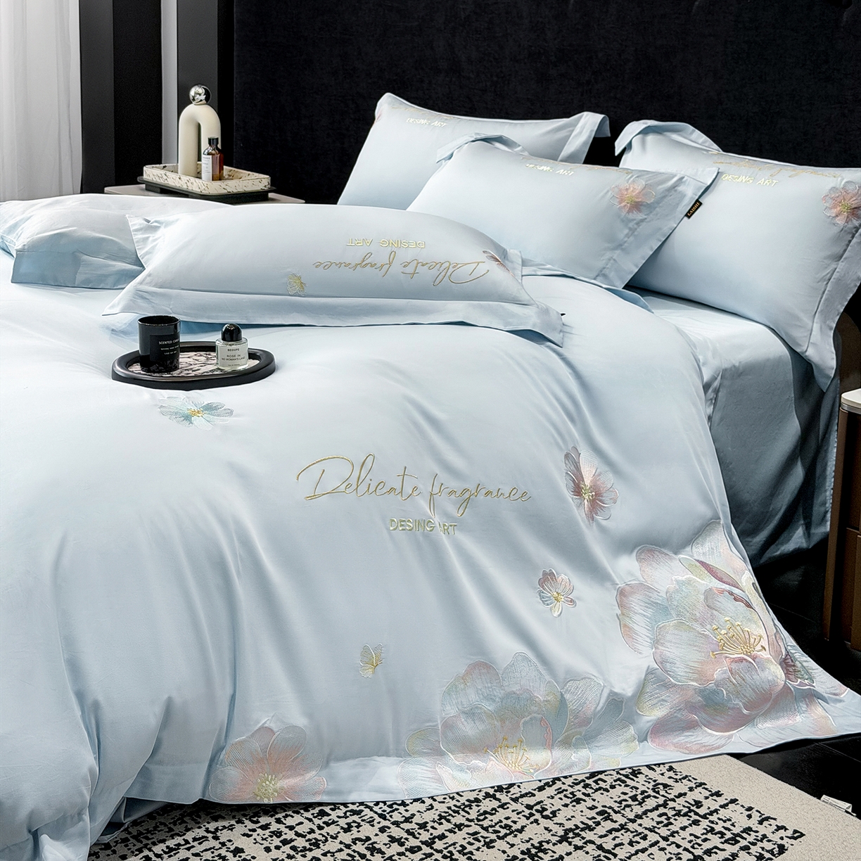 91家纺网 家纺一手货源 找家纺 莱势 2026新品A类50支高密贡缎长绒棉四件套-花枝里系列 花枝里-天空蓝