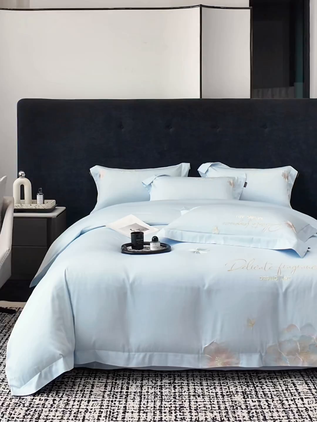 91家纺网 家纺一手货源 找家纺 莱势 2026新品A类50支高密贡缎长绒棉四件套-花枝里系列 花枝里-天空蓝