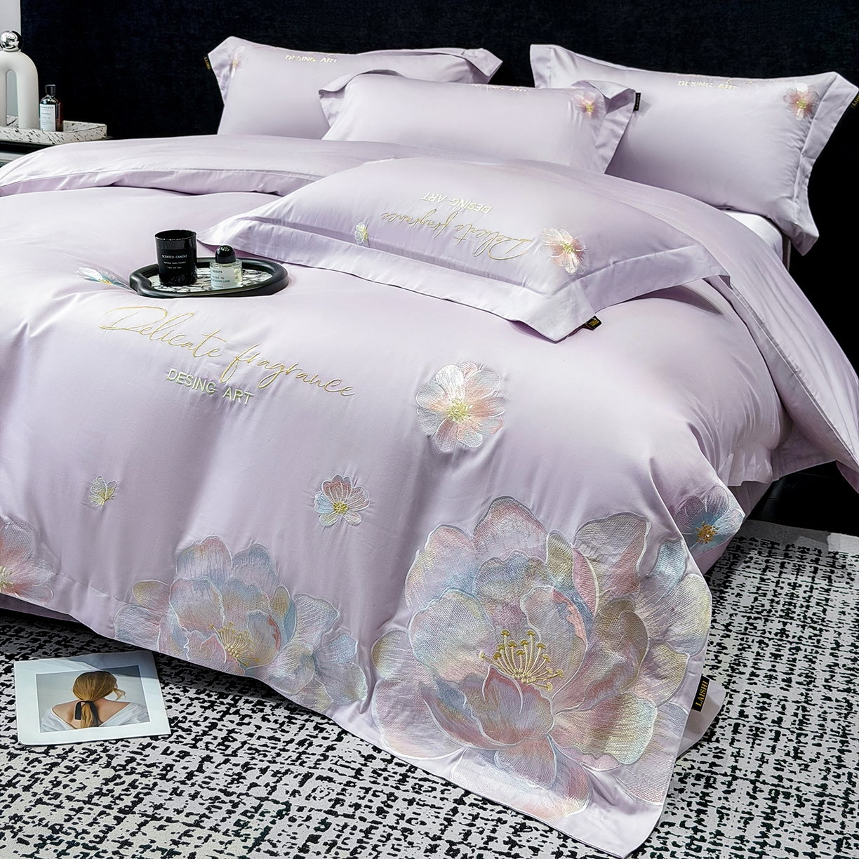 91家纺网 家纺一手货源 找家纺 莱势 2026新品A类50支高密贡缎长绒棉四件套-花枝里系列 花枝里-香芋紫