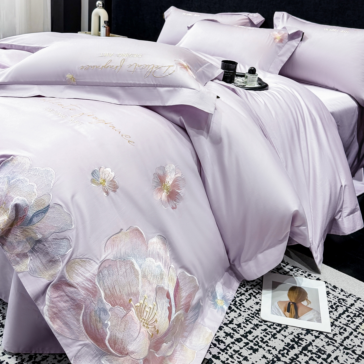 91家纺网 家纺一手货源 找家纺 莱势 2026新品A类50支高密贡缎长绒棉四件套-花枝里系列 花枝里-香芋紫