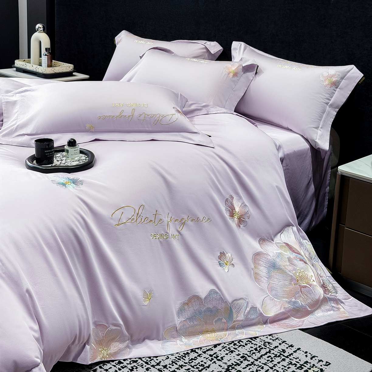 91家纺网 家纺一手货源 找家纺 莱势 2026新品A类50支高密贡缎长绒棉四件套-花枝里系列 花枝里-香芋紫