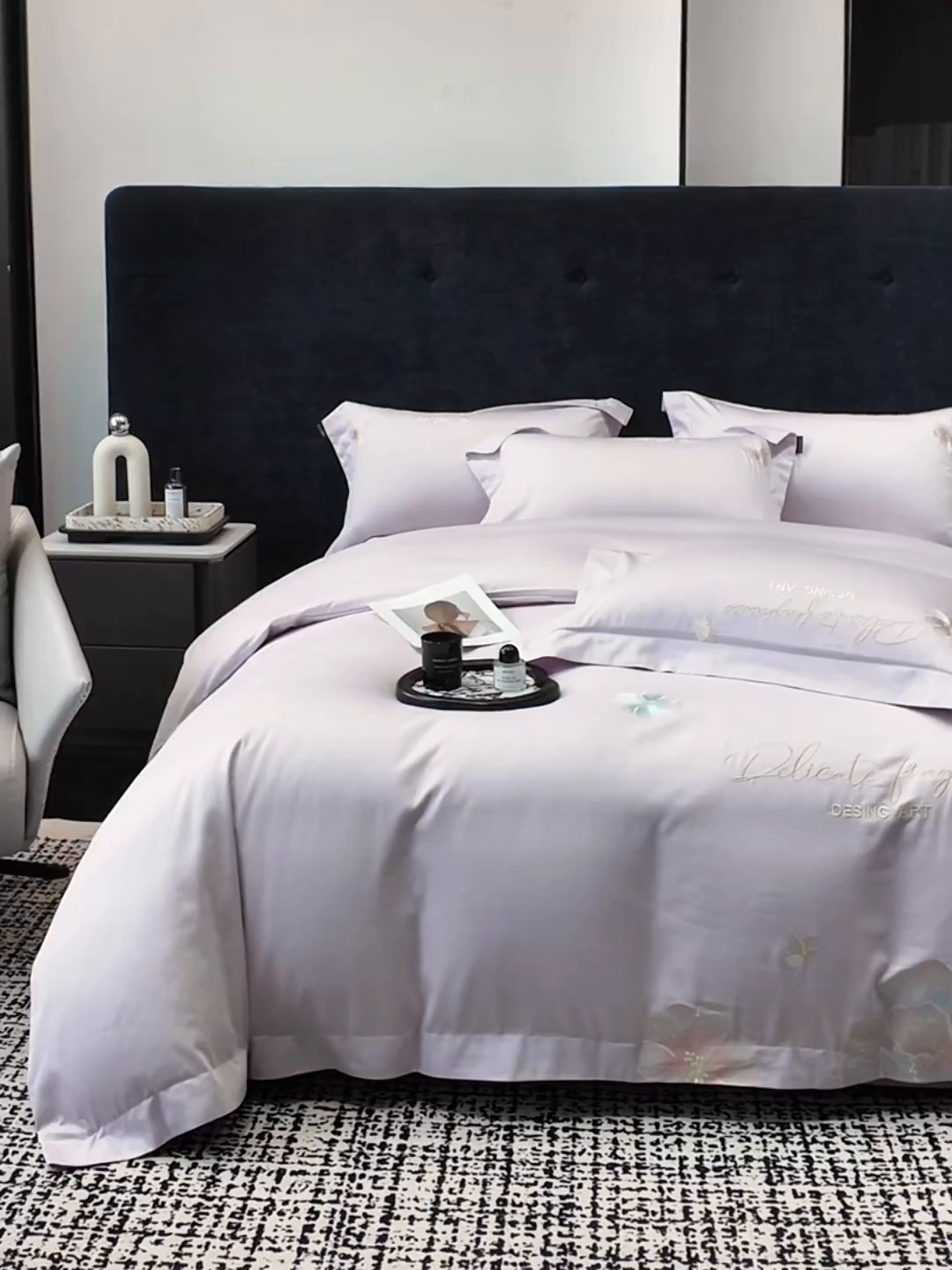 91家纺网 家纺一手货源 找家纺 莱势 2026新品A类50支高密贡缎长绒棉四件套-花枝里系列 花枝里-香芋紫