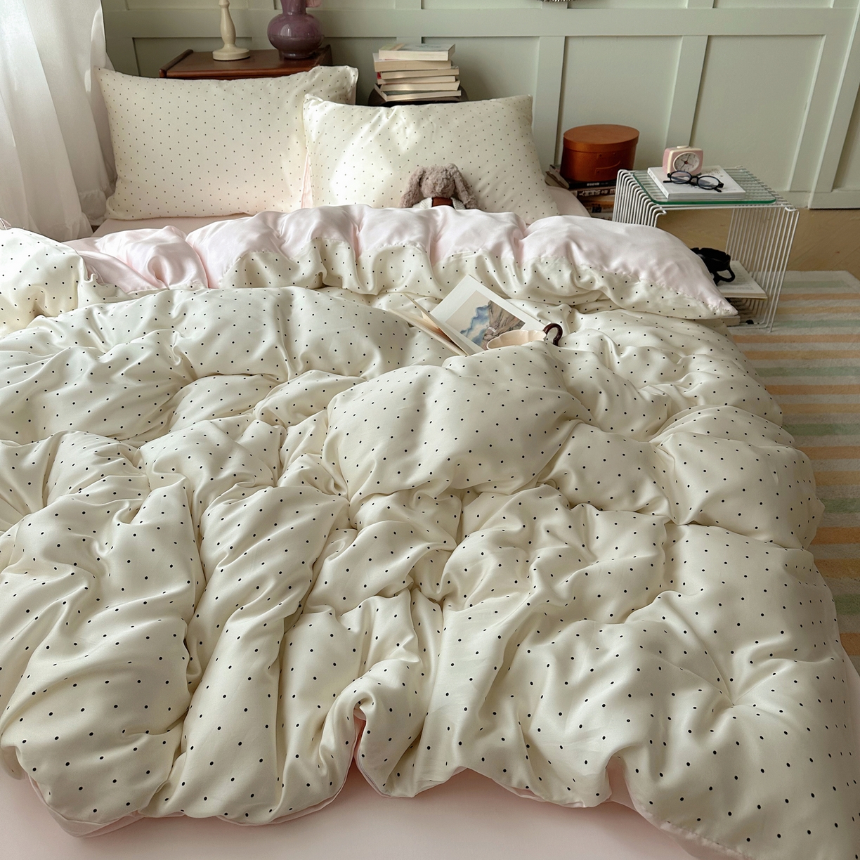爱彼家纺 2026新款亲肤印花柔软睡眠床品四件套-冰丝系列 冰丝-奶油粉波点