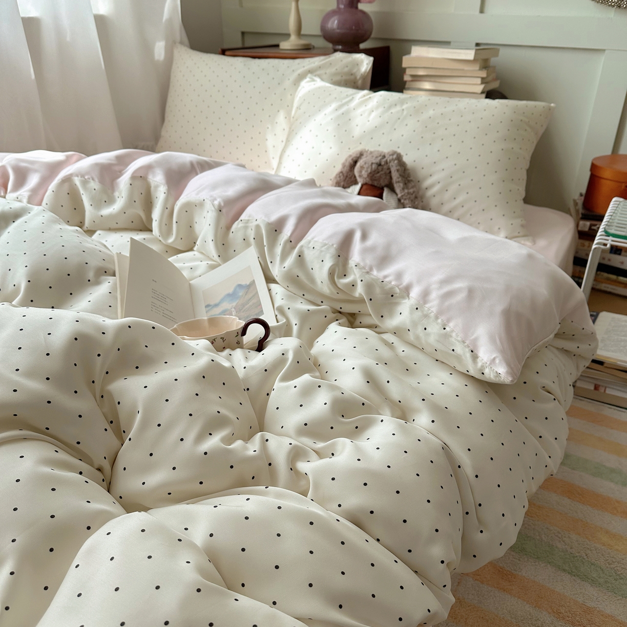 91家纺网 家纺一手货源 找家纺 爱彼家纺 2026新款亲肤印花柔软睡眠床品四件套-冰丝系列 冰丝-奶油粉波点