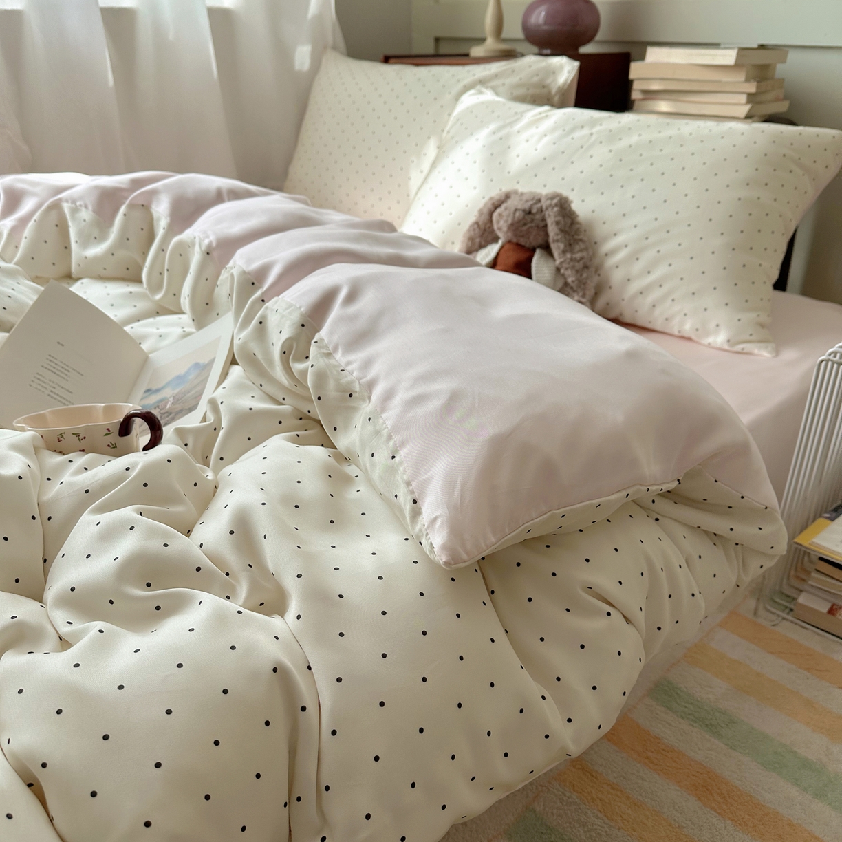 91家纺网 家纺一手货源 找家纺 爱彼家纺 2026新款亲肤印花柔软睡眠床品四件套-冰丝系列 冰丝-奶油粉波点