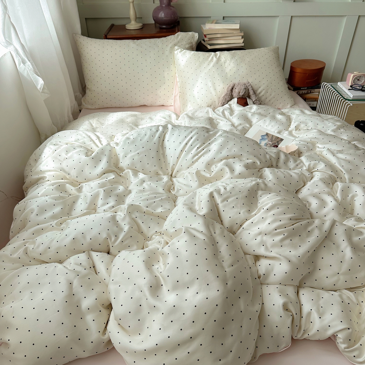 91家纺网 家纺一手货源 找家纺 爱彼家纺 2026新款亲肤印花柔软睡眠床品四件套-冰丝系列 冰丝-奶油粉波点