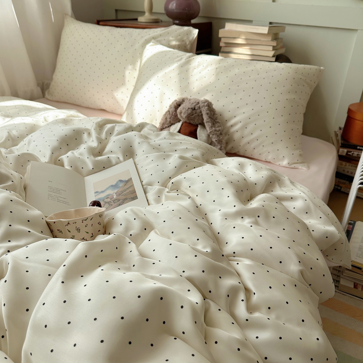91家纺网 家纺一手货源 找家纺 爱彼家纺 2026新款亲肤印花柔软睡眠床品四件套-冰丝系列 冰丝-奶油粉波点