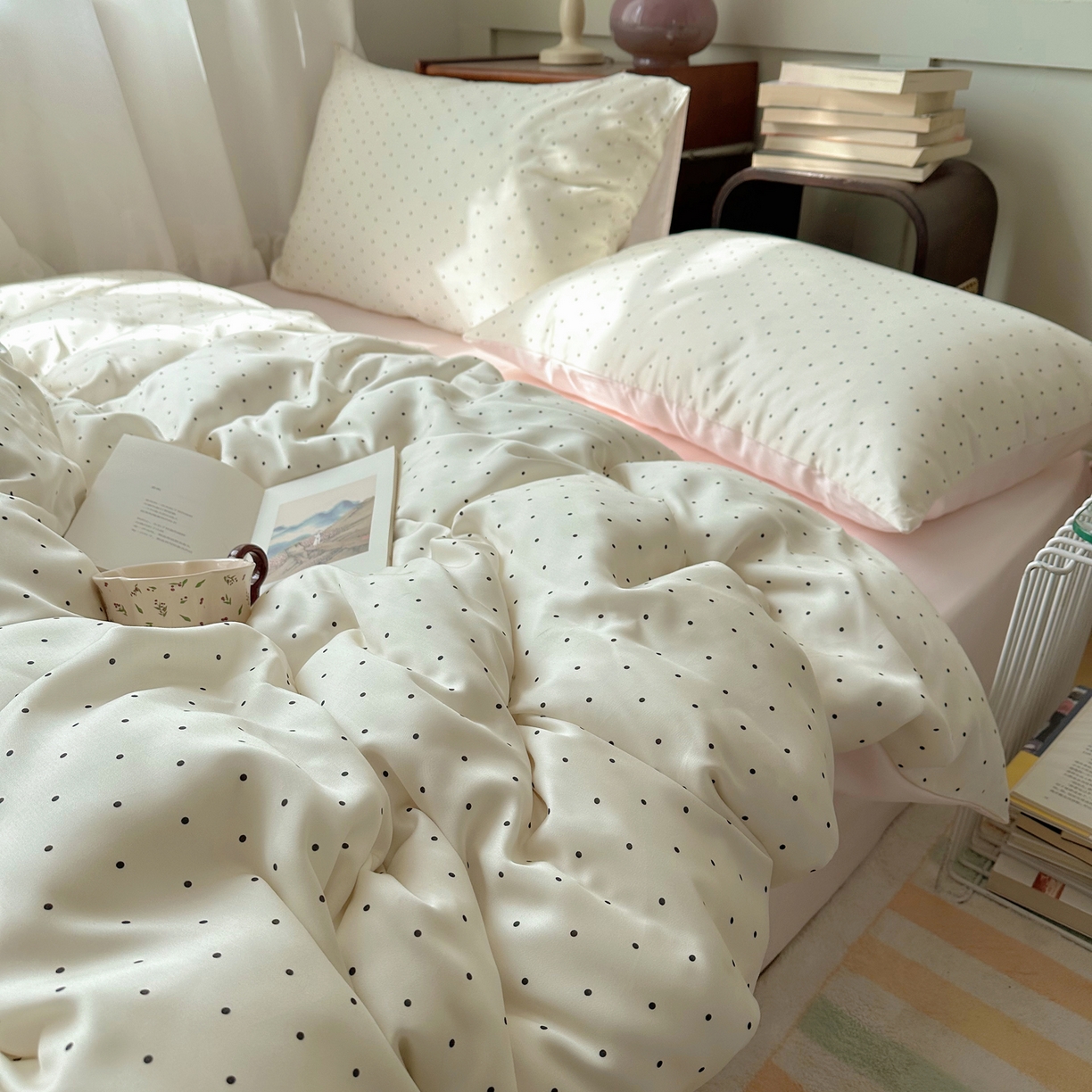 91家纺网 家纺一手货源 找家纺 爱彼家纺 2026新款亲肤印花柔软睡眠床品四件套-冰丝系列 冰丝-奶油粉波点