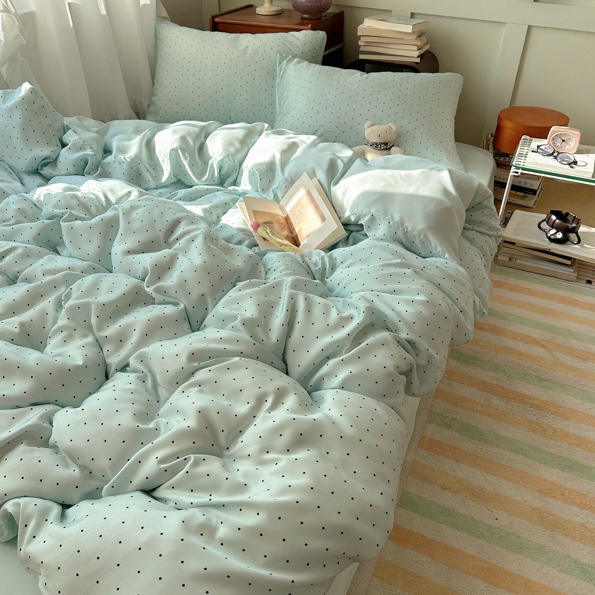 91家纺网 家纺一手货源 找家纺 爱彼家纺 2026新款亲肤印花柔软睡眠床品四件套-冰丝系列 冰丝-青雾波点